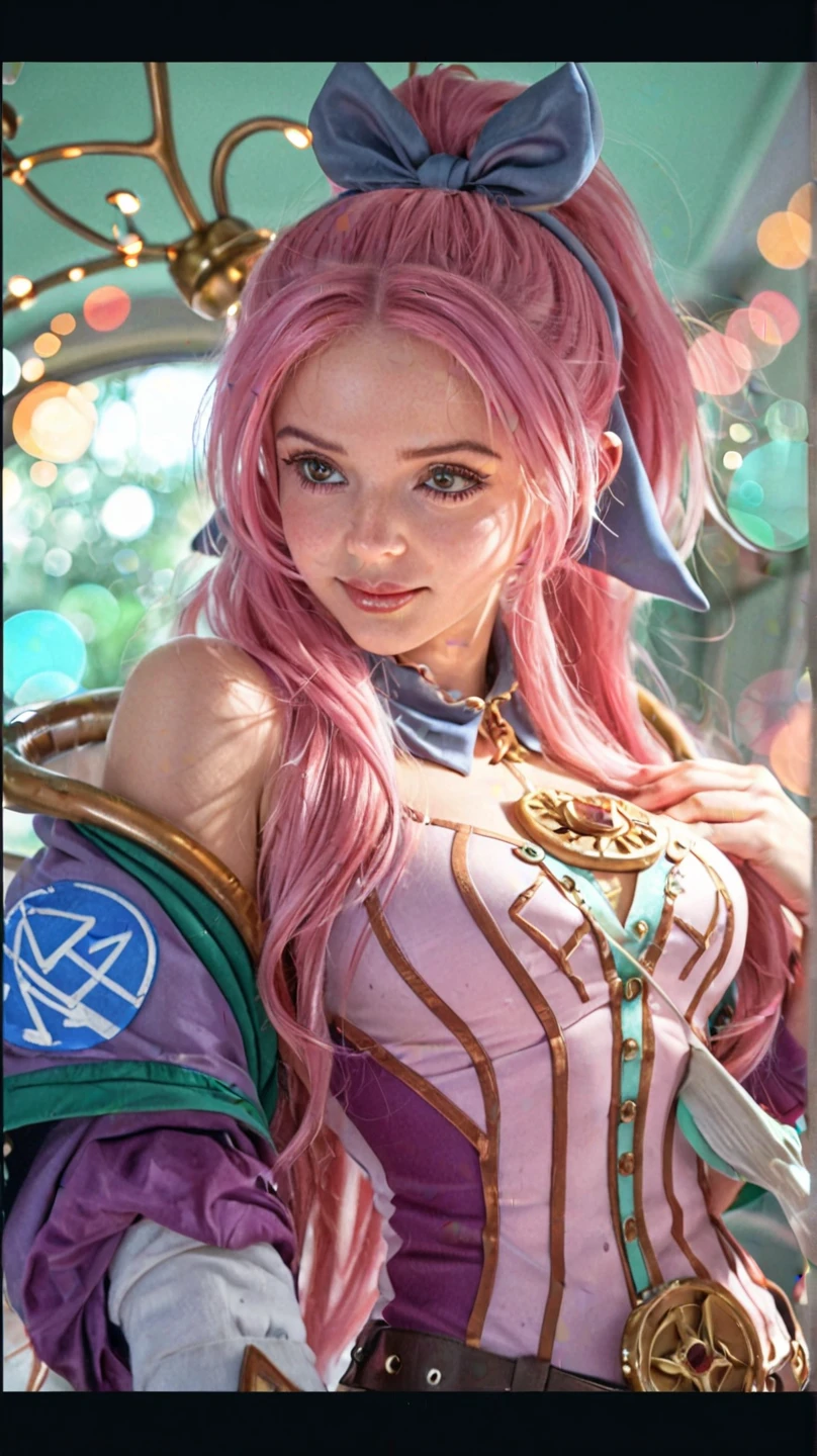 ( joyful expression:1.3), happy smile, anime style, a medium wide shot of a cartoon of a woman with ears and rabbit tail, with rabbit tail, with rabbit ears, girl design, mara, portrait, long hair, pink hair, hair covering ears, happy, polished and powerful look, exotic, tall, joyful expression, she is playful for the camera, model photoshoot,