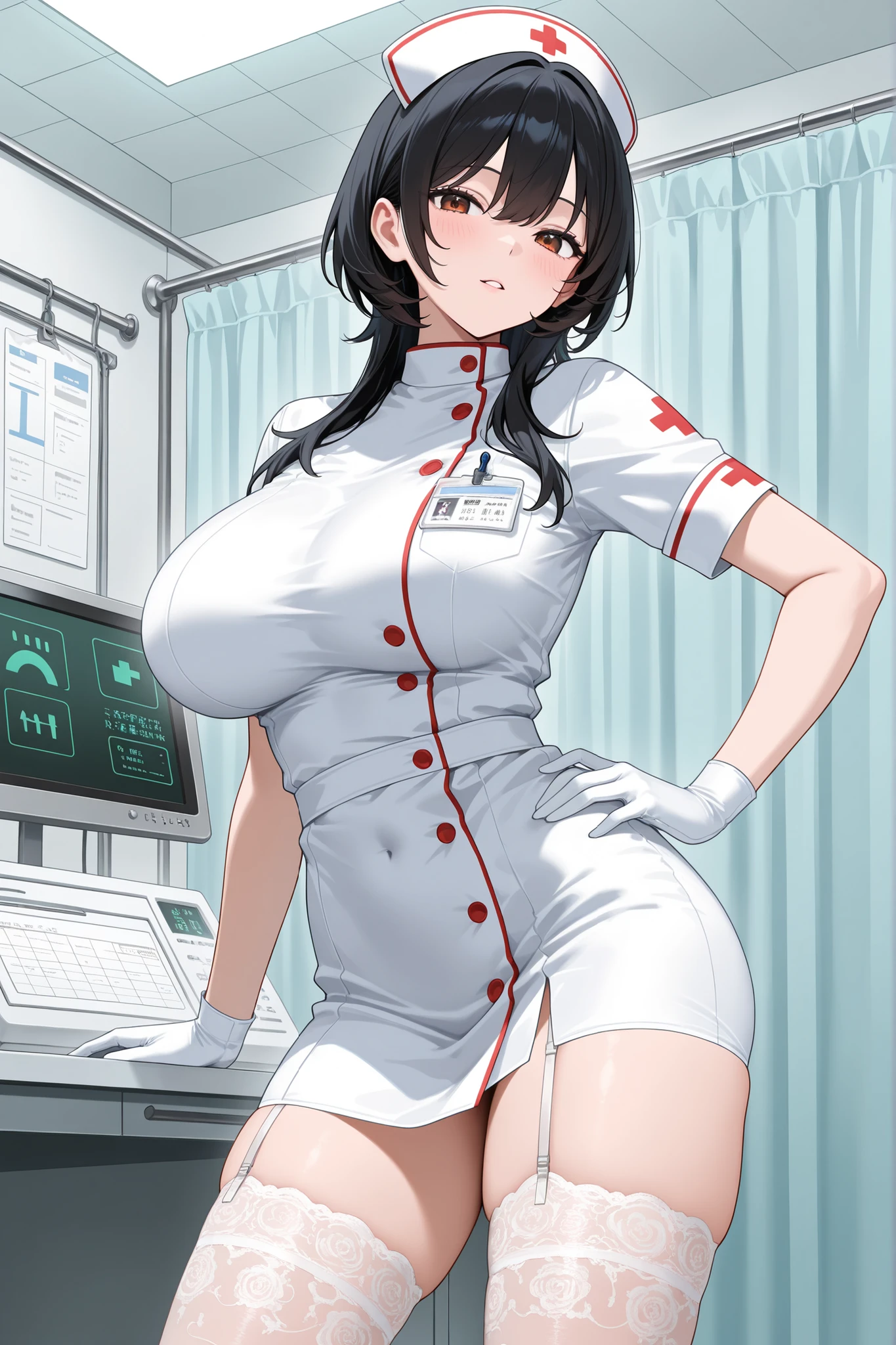 ,nurse uniform,hospital, latex nurse suit,nurses,busty,elbow gloves,labcoat,blackhair woman,grey eyes , gigantic boobs ,medical instruments,asian nurse,two nurses,speculum,examination room,oversize boobs, ,big ass ,strap on, lay on table ,legs spreaded,giving birth,gyno chair , dentist,Milf,latex,grey uniform