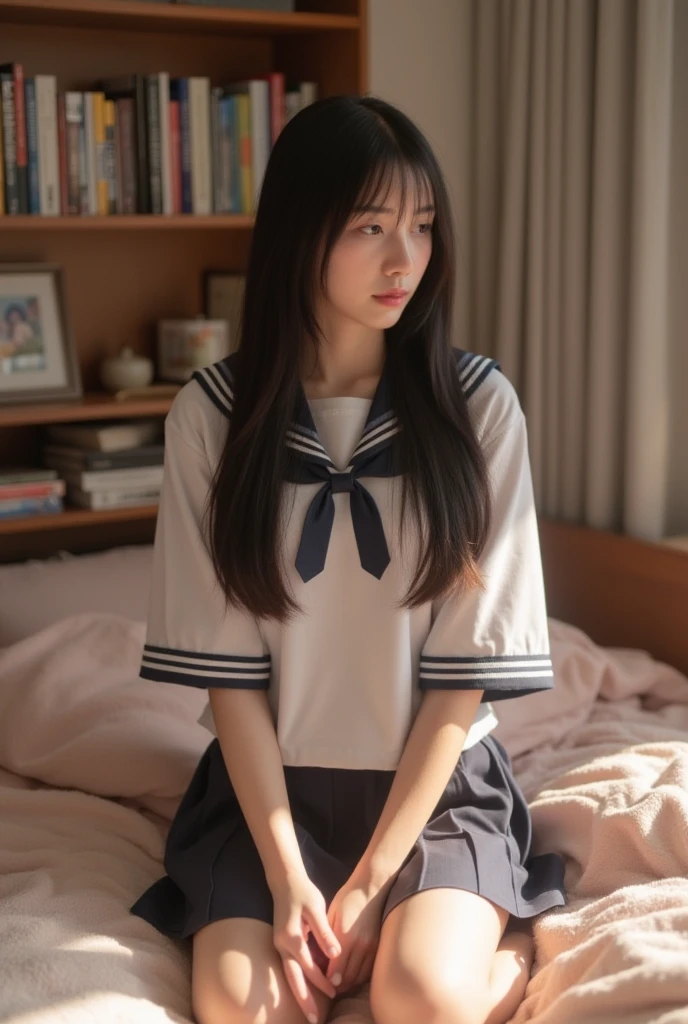 ((Highest quality))、(masterpiece:1.4)、RAW Photos、8K、((Best image quality))、 ((High resolution))、Beautiful face in every detail、Realistic human skin、Gentle expression、(One Woman:1.3 )、Realistic、Realistic、(Beautiful woman)、(Cute Japanese Girl)、(boyish:1.35)、((mannish))、((Beautiful woman))、(Beautiful Hair)、((Dark green hair))、(((Red cheeks)))、((Her eyes are big))、 year old beauty、(Her face is small:1.7)、Small Head、((Long neck))、White skin、Beautiful Skin、With bangs、Everyone longs for、のBeautiful woman、eight-headed body、(necklace)Looking into the camera、smile、Happy expression、very dark green short hair,Oily shiny knee socks、(The perfect school girl uniform:1.3)、Sailor suit with red ribbon、(Beautiful small breasts:1.3)、(Red checkered mini skirt:1.2)、sexy