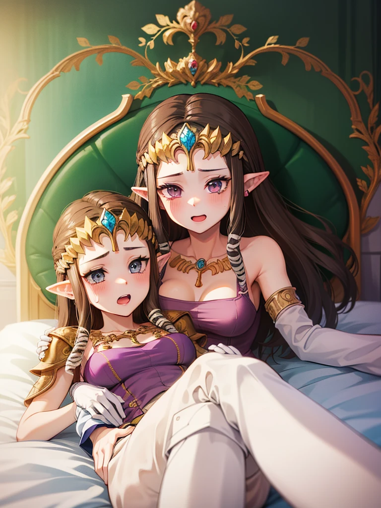 ((上からのアングル)),((ボトムレス)),((doggystyle)),((penis in pussy)),((Princess Zelda)),((the legend of zelda)),((後ろからのアングル)),((upper body)),Anime art style,masterpiece,(Dark brown hair), (Very detailed),(Very delicate and beautiful),(alone),(((()))),(Detailed face and eyes),Beautiful eyes like jewels,(),(((Mature Woman,Queen))),((1 Queen in a beautiful)),((crinoline)),(((Long Straight Hair))),(Very beautiful mature woman),,length_gloves,hair accessory,Sparkling,((Lying in bed))