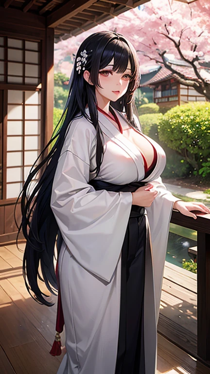 Long straight black hair　40s　Middle-aged women　Nasolabial folds　Fox ears　round face　Are fat　thick　She wears a plain shrine maiden outfit.　Trying to show your breasts　Closed eyes　looks happy　Holding a one-sho sake bottle　Smiling while sitting on the stone steps of the shrine　front　