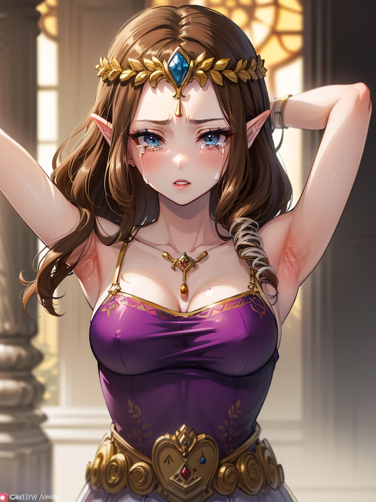 ((((Very beautiful mature woman)))),((surprised),((Scared)),((Close your eyes)),((((Exposed shoulders)))),(((look up))),,(((There is a hair ornament on the front)),,(((Long Hair)))),((Big Breasts)),((((Exposed shoulders)))),((front)),Princess Zelda, ((Highest quality)),,(Very detailed) ,,((Purple blouse)),Brown Hair,((Embarrassed look)),blush, ((Highest quality)), (Very detailed), ,(((Dark brown hair))),Nintendo, (Straight hair), face,blush,((alone)), ((Highest quality)), (Very detailed), ,