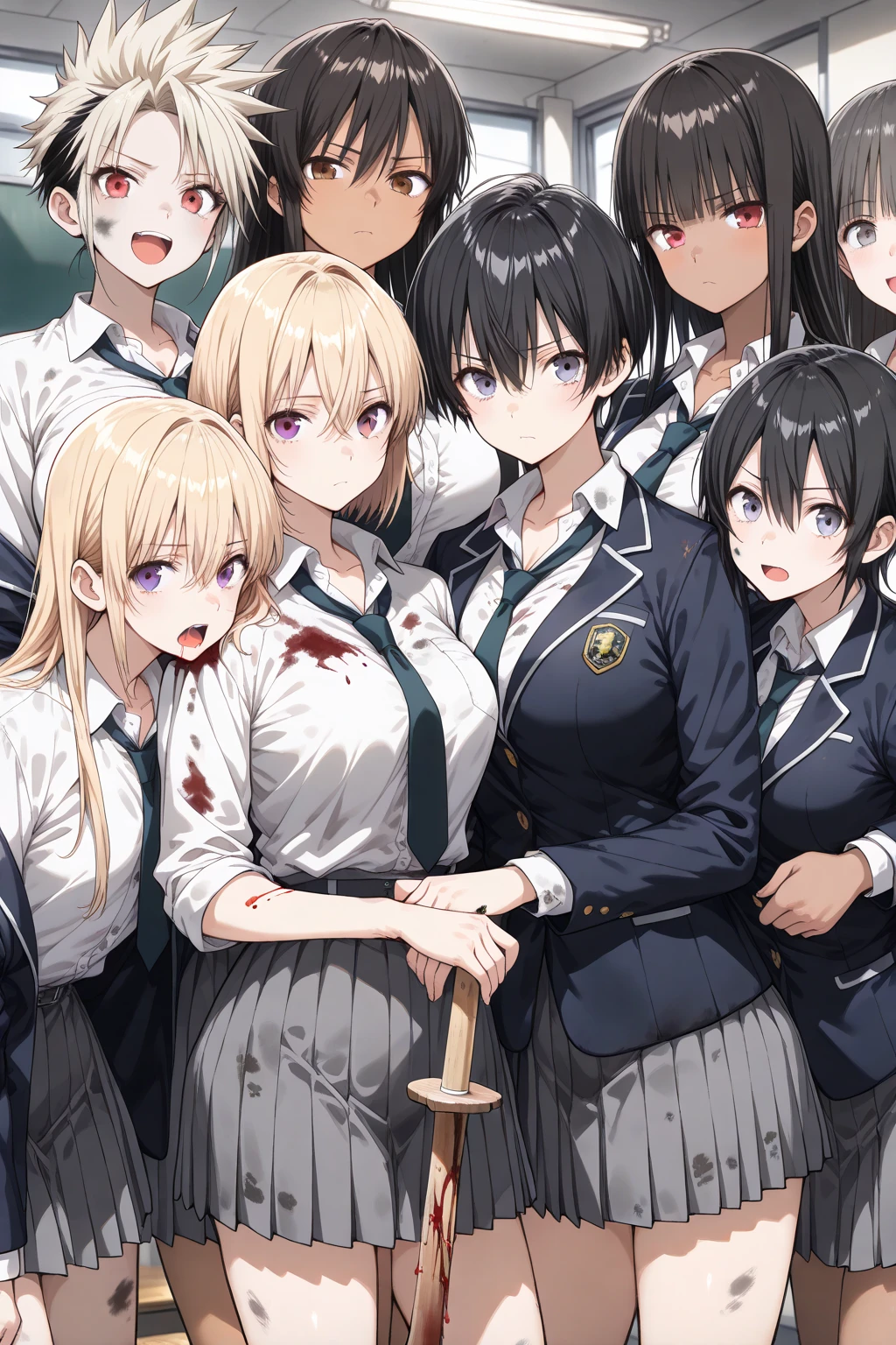 (Best quality: 1.0), (Ultra High resolution: 1.0), (Masterpiece), (8K), (Apocalyptic style), (Detailed face), (Triple), (Three Corpses)), (Death), A girl, and two boys, (lying on the ground), Blood stains, (background in classroom), (both wearing school uniforms)