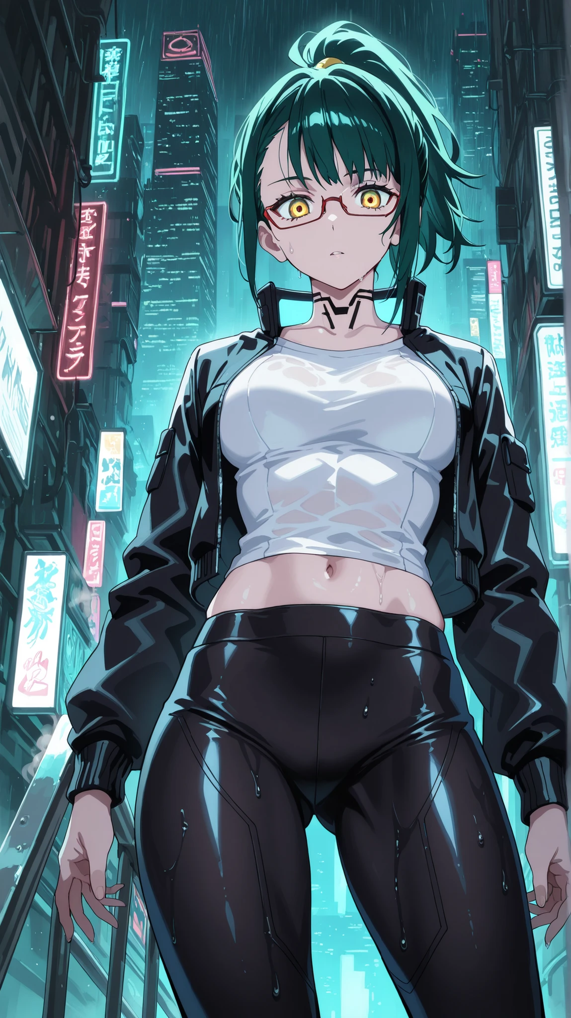 BREAK looking at viewer, BREAK (masterpiece:1.2), best quality, high resolution, unity 8k wallpaper, (illustration:0.8), (beautiful detailed eyes:1.6), extremely detailed face, perfect lighting, extremely detailed CG, (perfect anatomy),Futuristic megacity at night, streets glistening with fresh rain, neon signs reflecting in endless puddles, towering skyscrapers with holographic billboards casting colorful glow on wet asphalt, steam rising from sewer grates,, glass facades distorting the electric glow, 4K ultra-detailed cyberpunk atmosphere, cinematic composition, maki_v1,1girl,green_hair,glasses,ponytail,tight leggings,yellow eyes,white short shirt,navel,black leather jacket,open jacket.