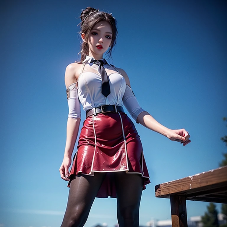 (8k raw photos, top quality, masterpiece, UHD), (realistic, photorealistic: 1.37), (realistic skin shading), ultra high resolution, depth of field, soft sunlight, very cute 16 year old girl, slant or almond-shaped eyes, cute face, solo, cheeky smile, cleavage, big, very big breasts, very detailed eyes and hair, beautiful skin down to the smallest detail, attractive thighs, side ponytail, dark red hair, thick bangs, juicy thighs, skirt, boots, medieval cityscape, crowd,