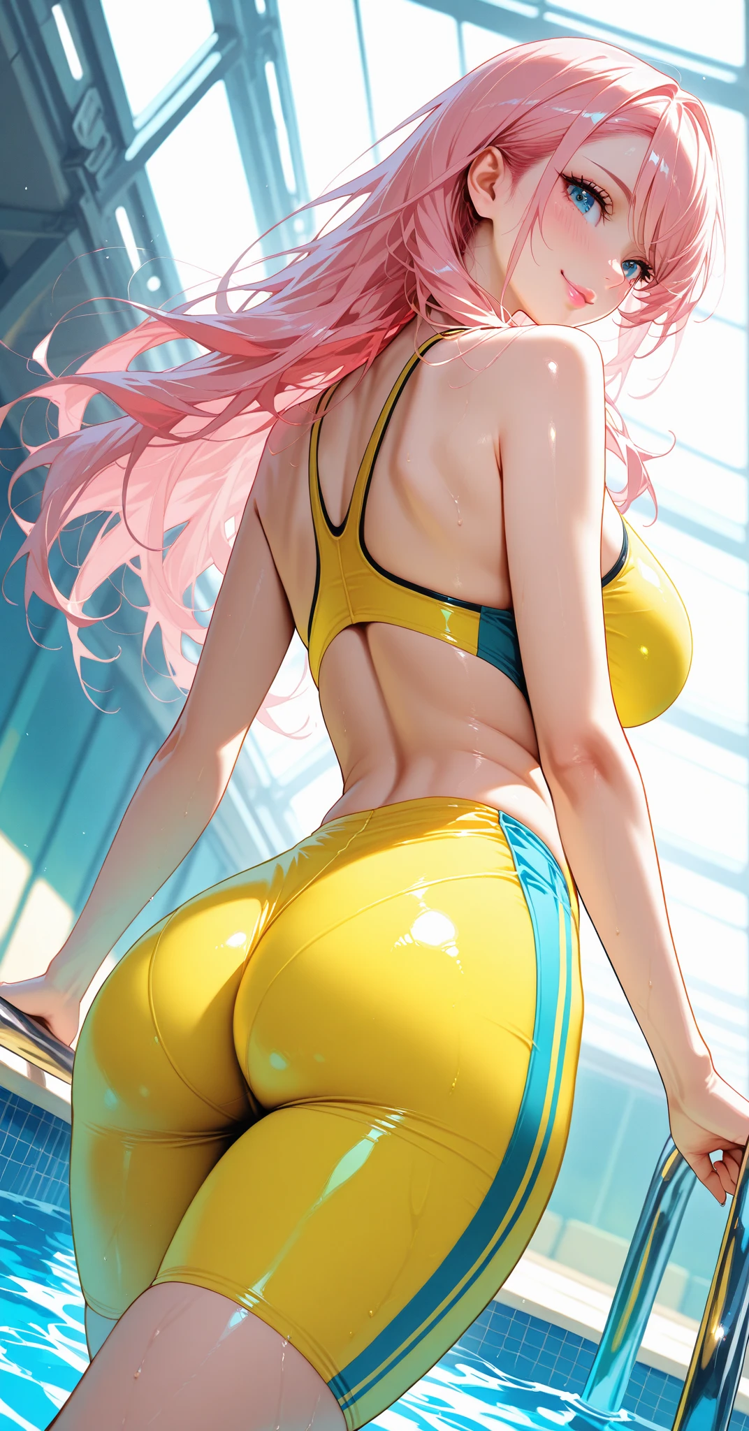 Hyper realistic super detailed sexy Mitsuri Kanroji, NSFW, Very detailed, expressions faciales sexy, seductive facial expressionace detail: 1.4): 0.4], 16K resolution, 4k resolution, dinamic lighting, High definition resolution, (sexy pose, Position attrayante), (hyper realistic: 1.4), (back light: 1.2), (sun light: 1), (pleine hauteur: 1.8),(contrasting background: 1.5), (Anatomy of the hyperrealistic arm), (Hyperrealistic anatomy of the legs), (peau propre), (lighting cinematic: 1.7), (intime), (Technologie NVIDIA RTX Ray Tracing), (Ventre plat parfait), (image couleur),Create a 4K resolution, ultra-realistic, and extremely detailed artwork featuring a Mitsuri Kanroji in a corporate office setting with a provocative style. Mitsuri Kanroji  the central character in the artwork. She stands in front of a big glass window of a modern office offering a cityscape view.

 ((Mitsuri Kanroji (demon slayer))), a girl with long green-pink gradient hair and green eyes, green hair, gradient hair, multicolored hair, long hair. Sha has a commanding presence. She has a provocative yet professional silhouette, with a tailored business suit that subtly emphasizes her figure. Her makeup  bold, with striking red lips and a gaze that demands attention.

She  dressed provocatively,  a bold fashion statement. yellow leotard, orange leotard, bare shoulders, a touch of glamour to her overall appearance. shy and faint smile