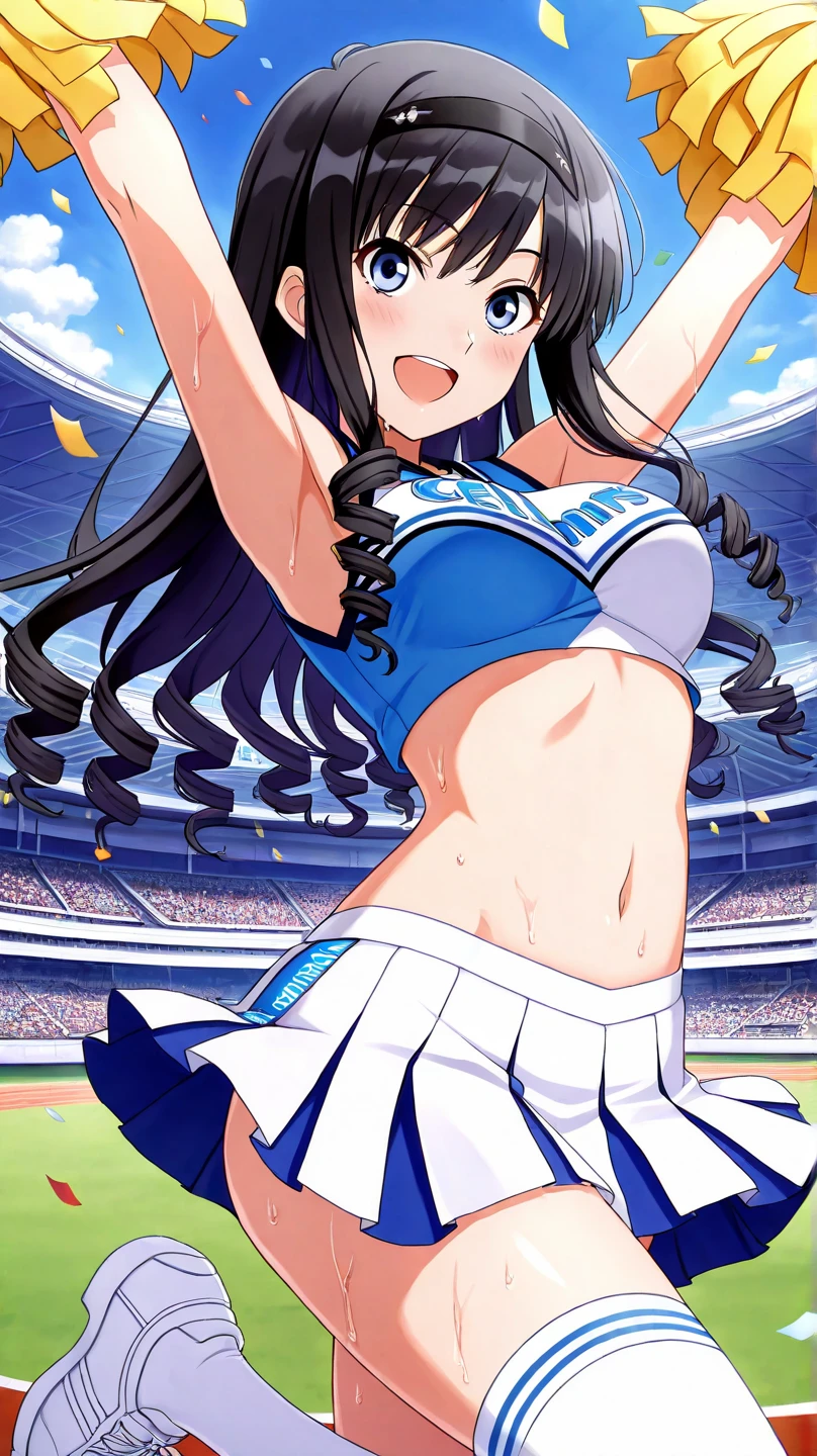 masutepiece++, Best Quality++, ultra-defined++, ultra-defined++,4K++,in 8K++, Highly detailed, 

(blue see-through cheerleader costume:1.2), Midriff, 
(From below:1.2)
Super shiny hair and skin, 
small tits, 
(Sweaty body, Dynamism), 

A lively smile, open mouth, Perfect eyes, Perfect hands, Perfect nose, 
arena, 

Yukinoshita Yukino, Black hair, Long hair, 
Looking at Viewer, Focus,