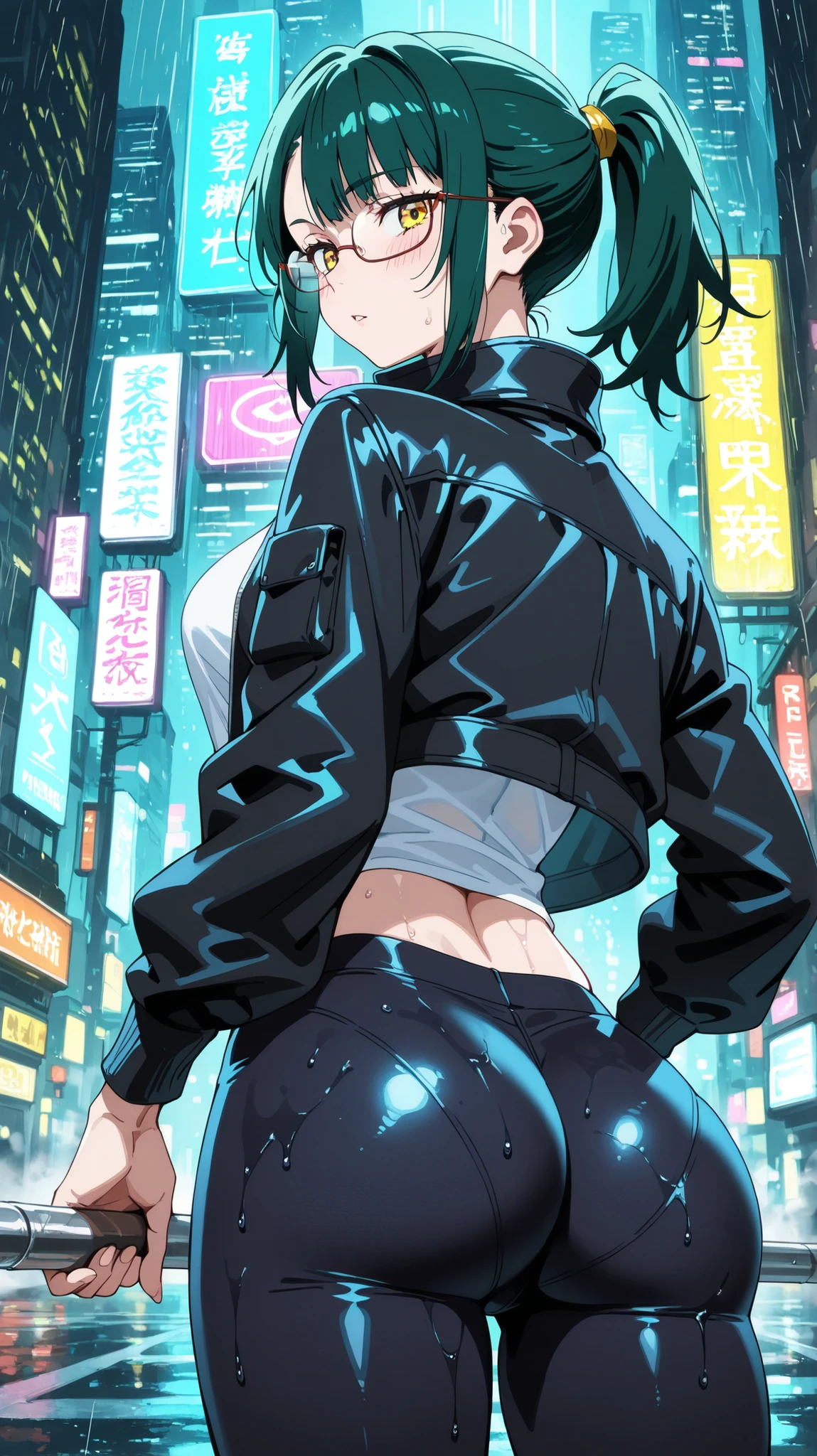 BREAK looking at viewer, BREAK (masterpiece:1.2), best quality, high resolution, unity 8k wallpaper, (illustration:0.8), (beautiful detailed eyes:1.6), extremely detailed face, perfect lighting, extremely detailed CG, (perfect anatomy),Futuristic megacity at night, streets glistening with fresh rain, neon signs reflecting in endless puddles, towering skyscrapers with holographic billboards casting colorful glow on wet asphalt, steam rising from sewer grates,, glass facades distorting the electric glow, 4K ultra-detailed cyberpunk atmosphere, cinematic composition, maki_v1,1girl,green_hair,glasses,ponytail,tight leggings,yellow eyes,white short shirt,navel,black leather jacket,open jacket,from behind,arched back,raised hips, looking back at viewer, blush, seductive expression
