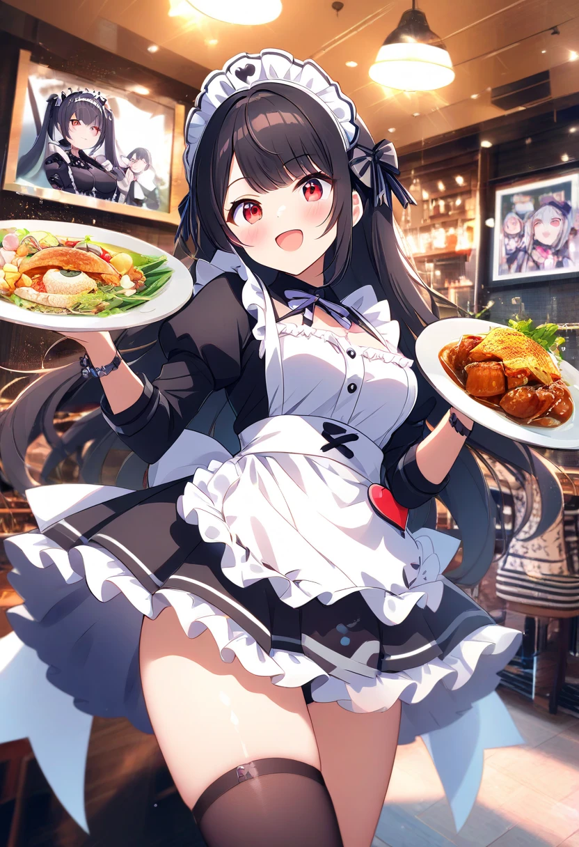 {{{Masterpiece, highest quality, high resolution background}}}, bright and beautiful atmosphere, 1 girl (, 1 short-tempered round face), 1 (hair, surface effects), small breasts, summer clothes, A girl pointing a fork with a steak at the camera, an iron plate on a desk, a cut steak on the iron plate, fashionable clothes, slightly leaning forward from the chair, "deltamon_sdXL :0.73) >Deltamon"