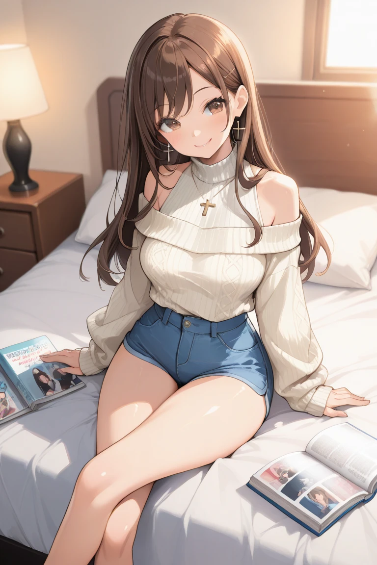 ((Tabletop, highest quality, High resolution, , Perfect Pixel, 4K,))), 1 female teacher, single, alone, beauty、The whole body is visible、 ((Short Wavy Hair, bangs, Brown Hair)), ((Brown eyes, Beautiful eyelashes, Realistic eyes)), ((Detailed face, Blushing:1.2)), ((Smooth texture:0.75, Realistic texture:0.65, Realistic:1.1, Anime CG Style)), Medium Chest, Dynamic Angle, Perfect body, (( , , Light beige off-shoulder sweater 、Denim Tight Skirt)), No bra、All of her are visible、Rub your breasts with both hands、Very embarrassing panic smile, 、、On the bed、Lying in bed、Provocative Pose、、、(White and pink floral lace panties)、Angle from below)、