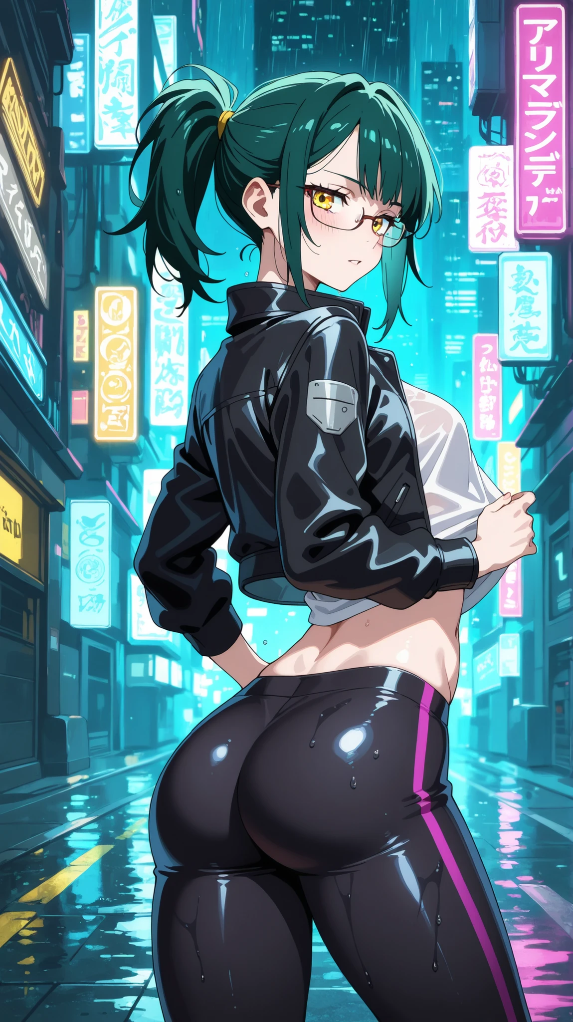 BREAK looking at viewer, BREAK (masterpiece:1.2), best quality, high resolution, unity 8k wallpaper, (illustration:0.8), (beautiful detailed eyes:1.6), extremely detailed face, perfect lighting, extremely detailed CG, (perfect anatomy),Futuristic megacity at night, streets glistening with fresh rain, neon signs reflecting in endless puddles, towering skyscrapers with holographic billboards casting colorful glow on wet asphalt, steam rising from sewer grates,, glass facades distorting the electric glow, 4K ultra-detailed cyberpunk atmosphere, cinematic composition, maki_v1,1girl,green_hair,glasses,ponytail,tight leggings,yellow eyes,white short shirt,navel,black leather jacket,open jacket,from behind,arched back,raised hips, looking back at viewer, blush, seductive expression