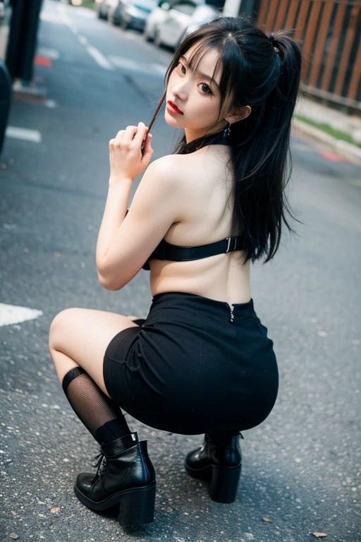 (8k, RAW photo, best quality, masterpiece:1.2), (realistic, photo-realistic:1.37) ,1girl, (aegyo sal:1),cityscape, dailight, professional lighting,  physically-based rendering,revealing clothes,fullbody, full body tights, shiny material, white shirt, black long boots, red eyes, cute face, body lines,(((full body))),(((black choker, temptation , (((shining face)))