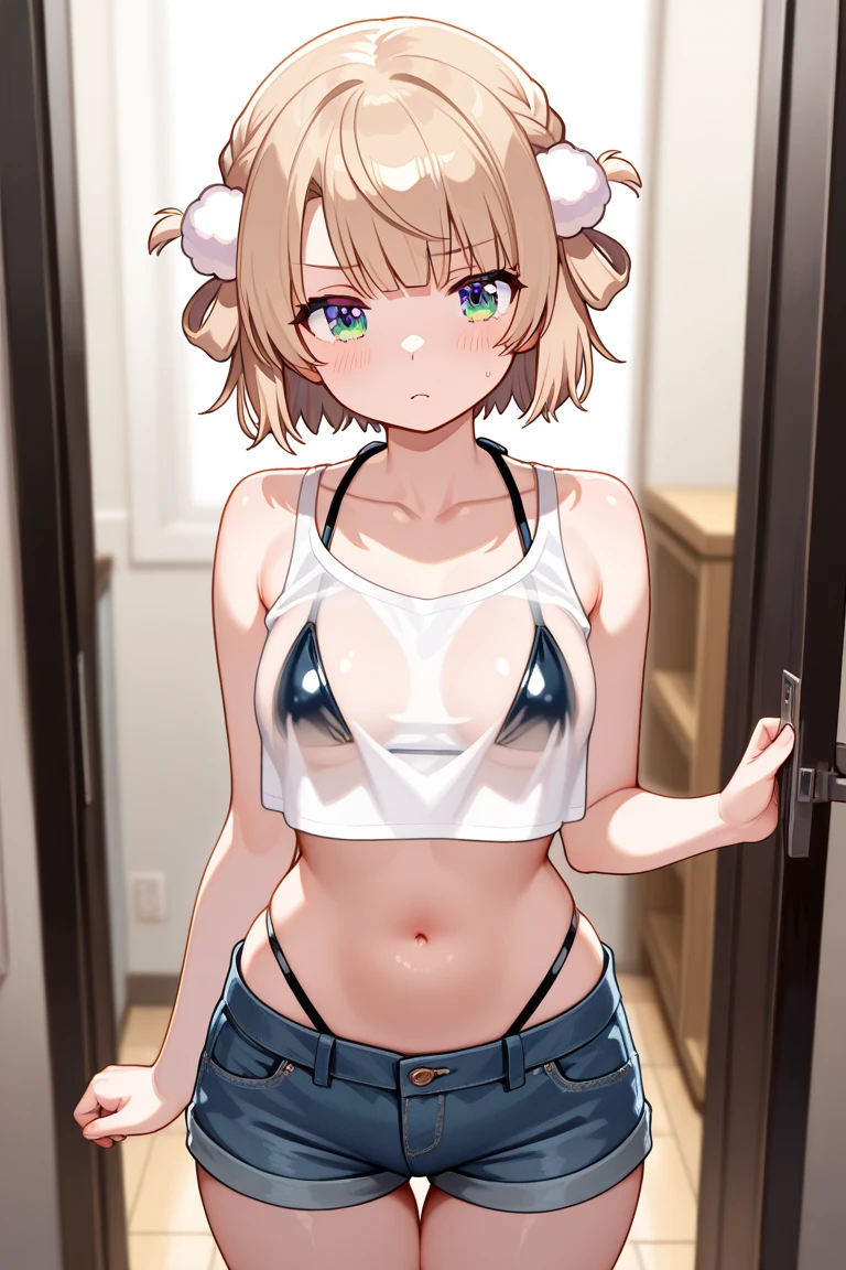((breasts showing), score_9, score_8_up, score_7_up, source_anime, rating_safe, , (realistic:0.6), , depth of field, 1girl, solo, sachi_umino, blonde hair, purple eyes, short hair, bangs, hair between eyes, close-up, apartment, indoors, dark, standing on one leg, wavy mouth, crop top camisole, navel, she is hot and very swearty, wet body ,half naked, pussy, arms behind head, armpits, sweaty armpits
