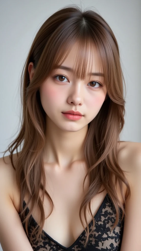 top quality, masterpiece, A high resolution, 8 k.Cute 20 year old Japanese girl with a youthful face.、face close up、Her blouse is a little unbuttoned、hair color pale pink, dull, with dark roots、Blush with embarrassment、(On knees:1.5)
