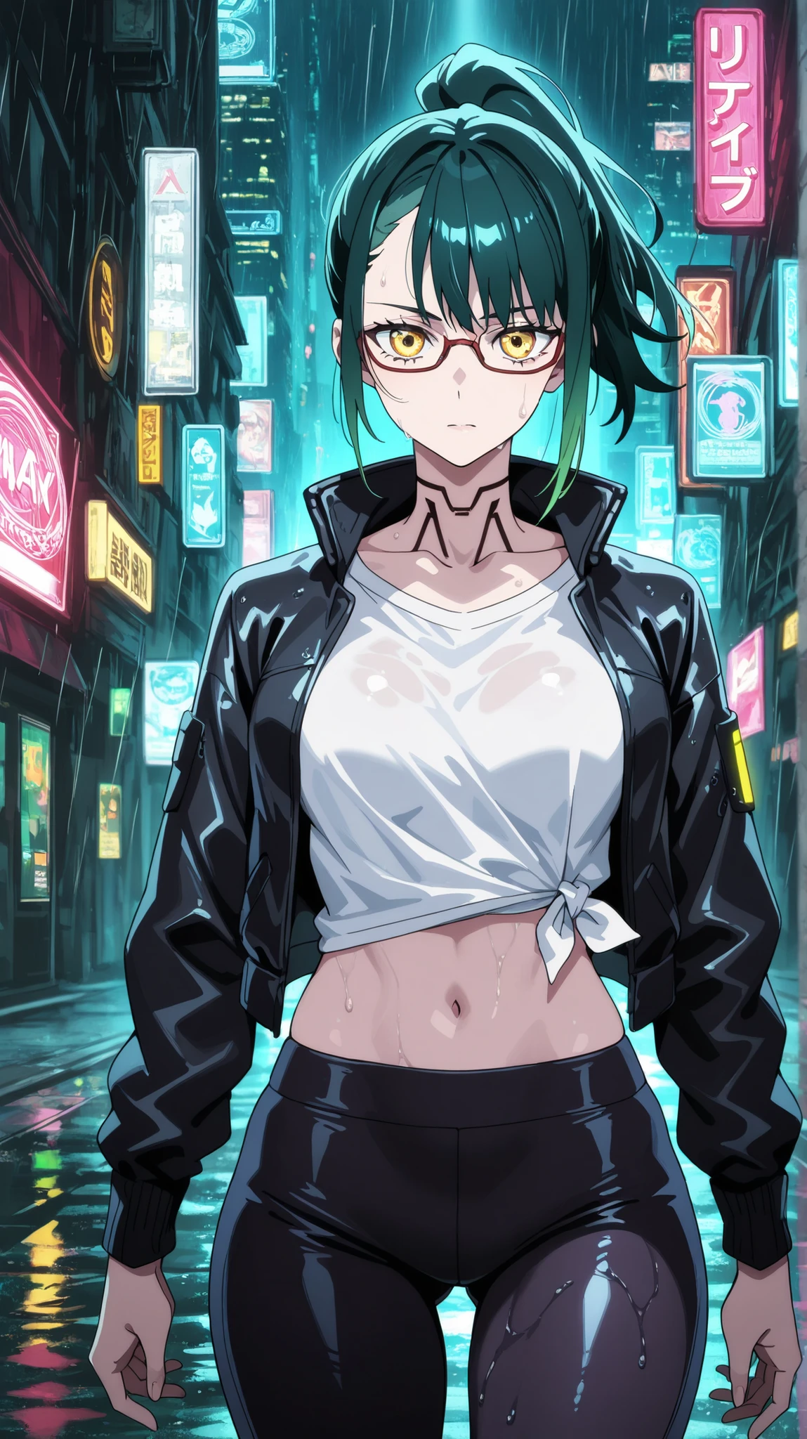 BREAK looking at viewer, BREAK (masterpiece:1.2), best quality, high resolution, unity 8k wallpaper, (illustration:0.8), (beautiful detailed eyes:1.6), extremely detailed face, perfect lighting, extremely detailed CG, (perfect anatomy),Futuristic megacity at night, streets glistening with fresh rain, neon signs reflecting in endless puddles, towering skyscrapers with holographic billboards casting colorful glow on wet asphalt, steam rising from sewer grates,, glass facades distorting the electric glow, 4K ultra-detailed cyberpunk atmosphere, cinematic composition, maki_v1,1girl,green_hair,glasses,ponytail,tight leggings,yellow eyes,white short shirt,navel,black leather jacket,open jacket,cowboy shot.