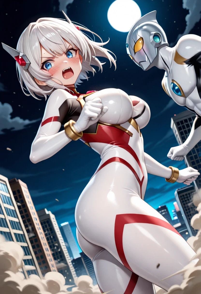 (Masterpiece, 4K resolution, ultra-realistic, highly detailed), (White costume superhero theme, charismatic, girl on top of the city, wearing white Spider-Man costume, superheroine), [((23 years old), (long white hair:1.2), full-body, (blue eyes:1.2), (Spider-Man dynamic poses) ((gritty urban environment):0.8)| (urban landscape, nighttime, dynamic lights), (full moon))]