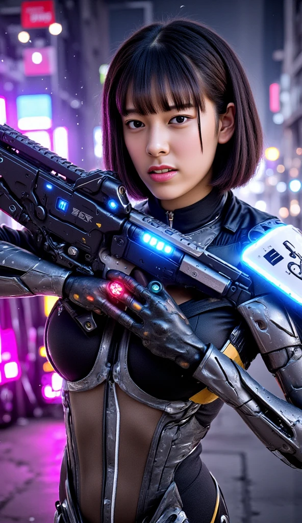 zhongfenghua, (RAW photo, best quality), (realistic, photo-realistic:1.3), extremely delicate and beautiful, Amazing, finely detail, masterpiece, ultra-detailed, highres,best illustration, best shadow,intricate,depth of field,(dramatic lighting:1.4),(from above:1.2),sharp focus, volumetric fog, 8k UHD, DSLR, high quality,(film grain:1.4), Fujifilm XT3,full body,A beautiful young woman wearing black trench coat, half human half robot face, ((1 robot,1 robot,Mechanical costalis,Mechanical spine))|Monotonous metallic color,Metal has no color, robot no color,robot girl,metallic mixture,cyborg girl)),looking at viewer, facing front, fighting stance
(Cable:1.2),(Transmission tube:1.2),(Machine eye:1.3),((Mechanical part connection)),((both arms)|(complex mechanical component:1.2~1.6)),((costalis)|(robot joints:1.2~1.6)), ,streamlinerai mecha,(lightsaber),earth,milky_way,starry,water,((armor)),water,wave