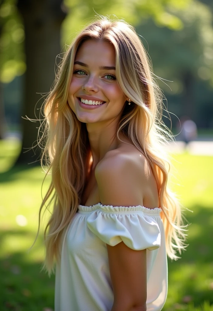With a smile on her delicate face, a young, attractive woman with flowing blond hair. Her full eyes radiate curiosity, as if ready to immerse themselves in every moment of life. Looking at her, you'll notice those lips that invite you to kiss. They form a gentle arch, painted on the canvas of her face. They seem pleasantly warm, as if always ready for a tender embrace or an emotionally charged kiss. Observing her, you see how she plays with the light. The warmth of the setting sun emphasizes the subtle features of her face, making her even more dazzling. She is like a painting that captures attention, and her presence makes you want to freeze time to savor the moment, shimmering with the fullness of life. ultra high res.photorealistic:.1.4, UDH