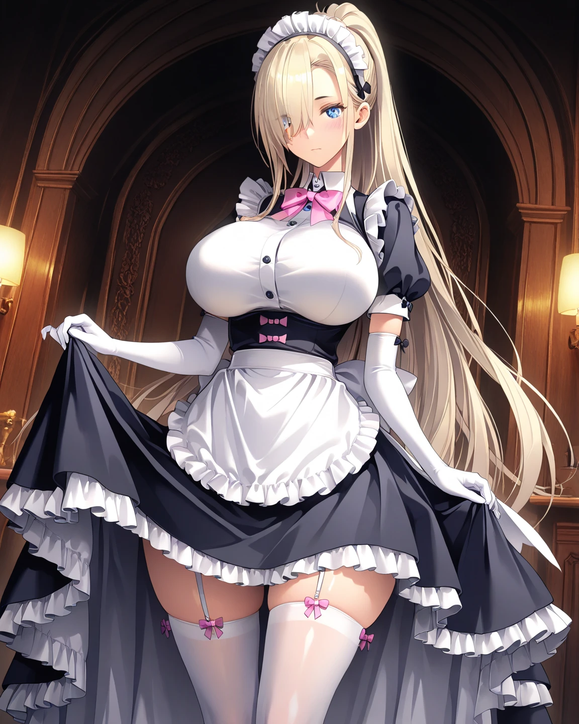 takashi takeuchi,Artorian Pendragon \(Fate\), Saber,1girl in, :D, Ahoge, Blonde hair, Naughty big、large full breasts、 Choker, cleavage, 鎖骨, Dress, elbow groves, gloves, Green eyes, hair between eye, Hair Ribbon, Indoors, Looking at Viewer, bow ribbon, ribbon choker, Short hair, Smile, duo, stairs, Strapless, straplessdress, wedding dress, White Dress, White Gloves, White ribbon, , ((masutepiece)), Best Quality, High resolution, Unity 8k壁纸, (Illustration:0.8), (Beautiful detailed eyes:1.6), extra detailed face, Perfect Lighting, extremely details CG, (Perfect hands, Perfect Anatomy)、(Skirt lift:1.3), (Black Panties:1.3)、(Skirt that rolls up:1.3)、(Fully exposed panties:1.5)、