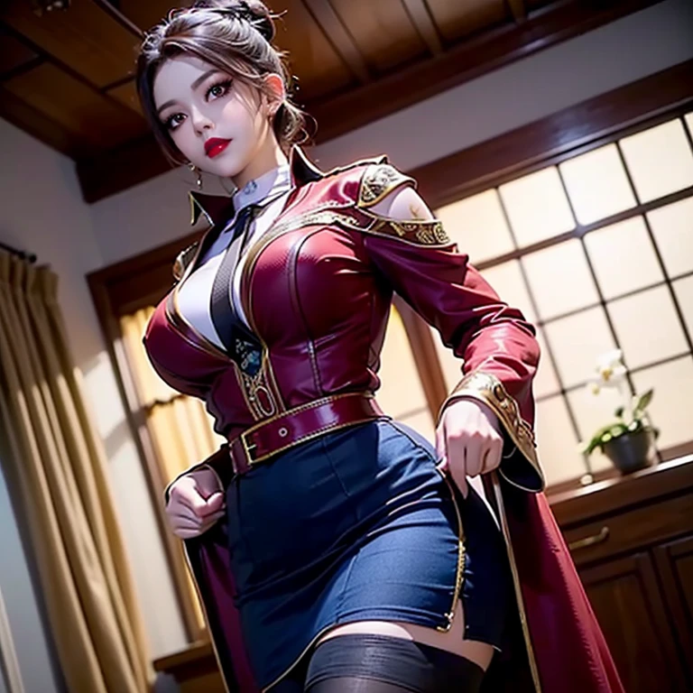 Five fingers, one woman, huge, cleavage, slender long legs, leg line beauty, military uniform, color guard, long pants, military shoes, tanned skin, smile, shining clothes, full body view, publicity cosplay, full cosplay, taken by Canon 5D Mk4, cosplay photo