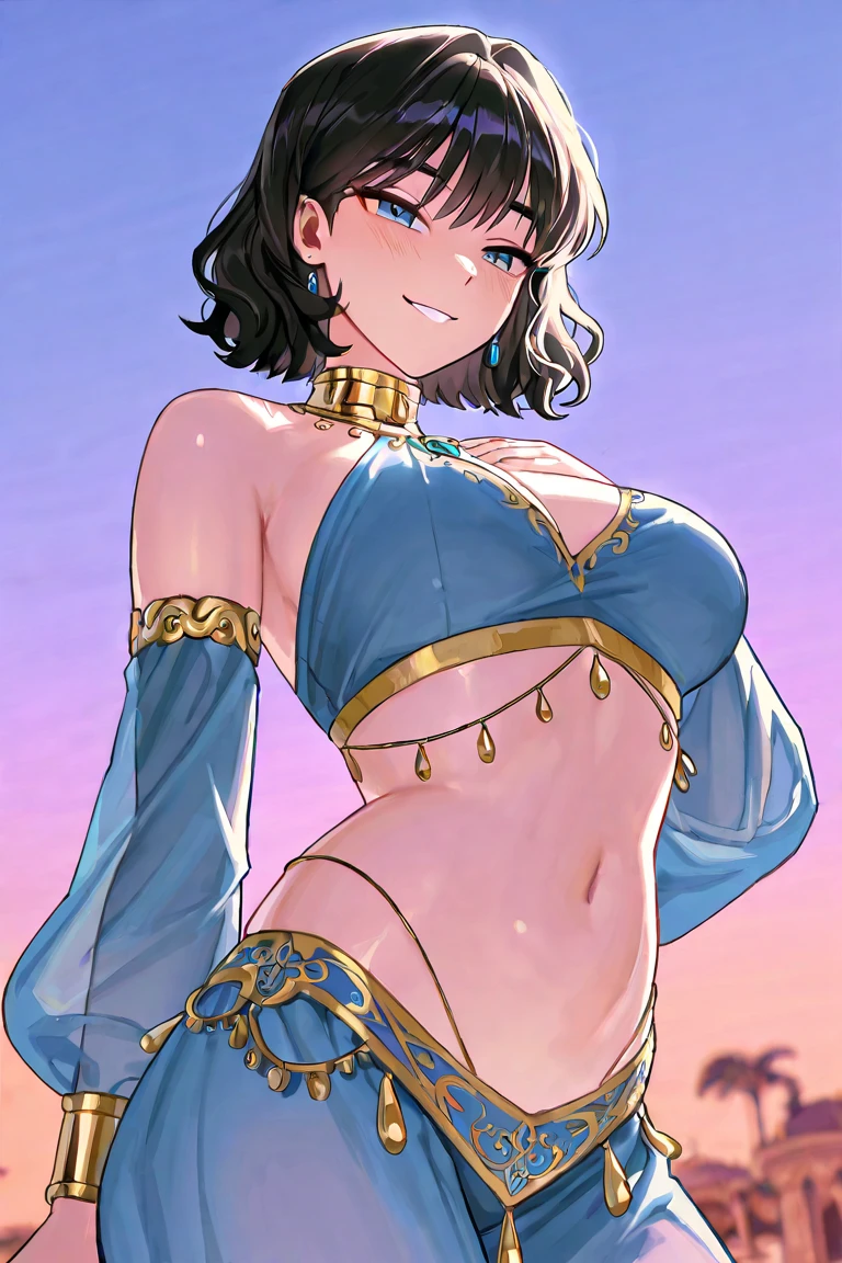 woman，Off the shoulder dress，abdominal muscles，cleavage，witch，magic，Smile，short hair