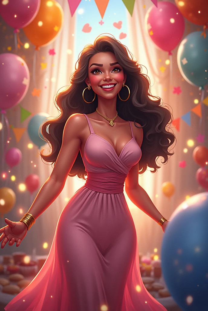 (dramatic illumination, dynamic angle, intense color contrast), [(a young woman with dark brown skin and brown wavy hair clipped back with pink clip and brown eyes: 1.2), (smiling: 1.2), (surrounded by balloons streamers and confetti: 1.2), (wearing a strapless blue dress with silver embroidery and pearl necklace: 1.1)]
