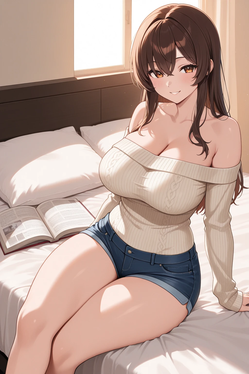 ((best quality)), ((masterpiece)), (detailed), perfect face, brown skin anime girl in a deep V Neck crossover cami top, (jeans trousers), famished in hunger, (gently resting hands on stomach), (long hair), (hands on her stomach)