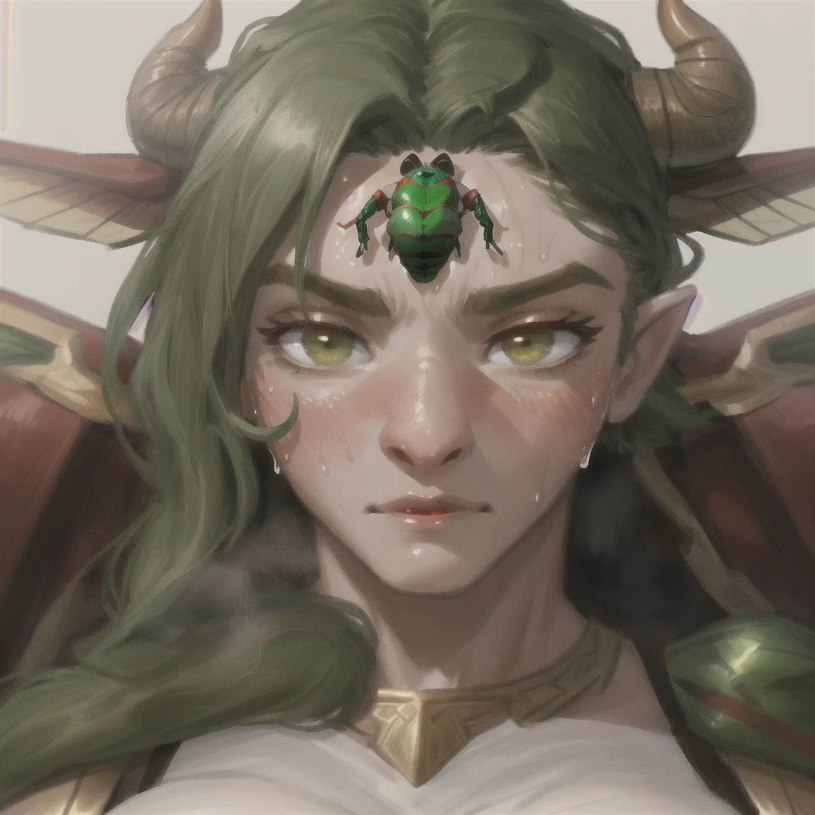 Lady Loki, godess of mischief, long black hair, golden tiara with golden bull horns, green costume with black accents, breast cleavage, fur collar, green cape, green magic,