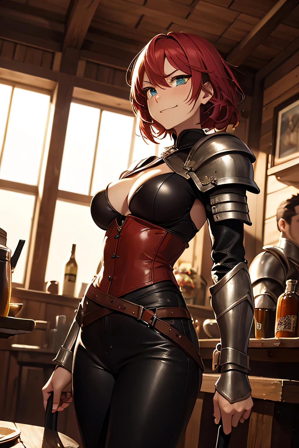 (Highest quality, masterpiece), (Ultra-high resolution, 8k RAW photos, Photorealistic:1.5, Cinema Lighting, Fabric Shading, Thin contours, Clear focus:1.2), Beautiful mature woman, Leaning forward, Long legs, Red hair:1.3, (Wearing thin glasses:1.5), (Mature Woman:1.5, 28 years old, alone), (1 female:1.6), (Large Breasts, Saggy breasts, big , Tight waist), whole bodyesbian, (very short hair:1.8, Red hair:1.3, ), (thin and bright pupils, Highlighted, detailed eyes:1.3, A face with attention to detail, perfect face shape, Bloodshot eyes), (A seductive smile, Half-close your eyes:1.2), (Looking at the audience:1.3), (Dutch Angle, whole body:0.5, From below:1.5), ((Correct Anatomy:1.5, The right move)), (Ideal body proportions),(((Fluttering lace flared mini skirt, Sexy silver armor with attention to detail:1.5、red and black boots、Silver Helmet、Silver Gauntlets、Jeweled、Gold decoration)))、Slender、(Thighs Thighs Thighs Thighs:0.8)、(At the bar、Artistic stained glass、Hello Point、Mysterious、Particles of light、Solemn、Nikko is、colorful、Fantastic:1.2)、(Fantastic:1.3)、(Female knight with sword:1.8)、Cross Necklace:1.2, (Dynamic pose),multiple views:1.3、Asahi:1.2
