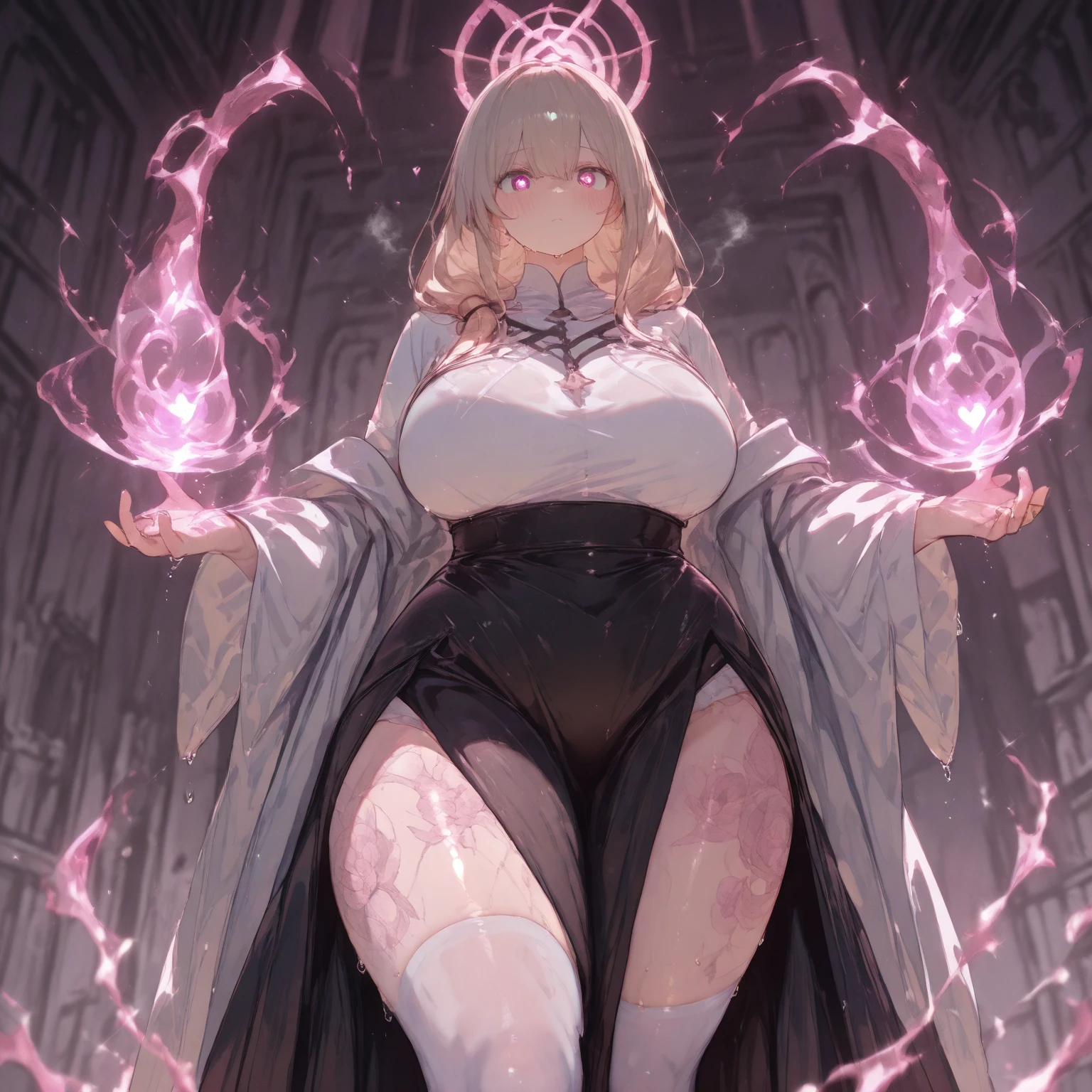 succubus nun, masterpieces, 16K, HD, dancer clothes, corruption tattoo, Tighten nun dresses, sexy, scale up, perfect lightening, praying, blush, covered by semen, holy, halo