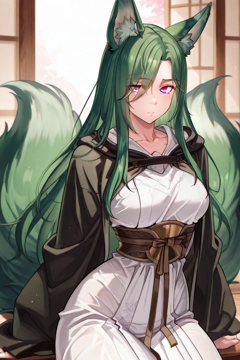 She is an arrogant person, Mean, Evil, Beautiful mature woman，Wear an ultra-premium leather jacket in the style of the Grim Reaper。Her whole body wrapped tightly around it。，The result is a compact and striking picture。She has long white-green hair，Qi bangs are particularly long，Completely covered her eyes，It gives a mysterious feeling。 The curves of her body are very beautiful and plump，Perfectly displayed under the monk's uniform。Especially her high-class mature ass, which is wider than her shoulders，It gives an irresistible appeal。The monk-like whole body is wrapped in a white-green material，Able to cling to her skin，Highlight her charming curves。The main body color is pure white，It symbolizes purity and the path of purity，Harmonizes with the robes usually worn by the Grim Reaper。 Tight leather jacket cuffs、The green trim at the neckline and hem adds a touch of vitality and dynamism to the whole。Green represents hope and life in nature，It injects a touch of life into the monk's attire。This skinny leather jacket fits perfectly，It can highlight the contours and graceful lines of the monk's body