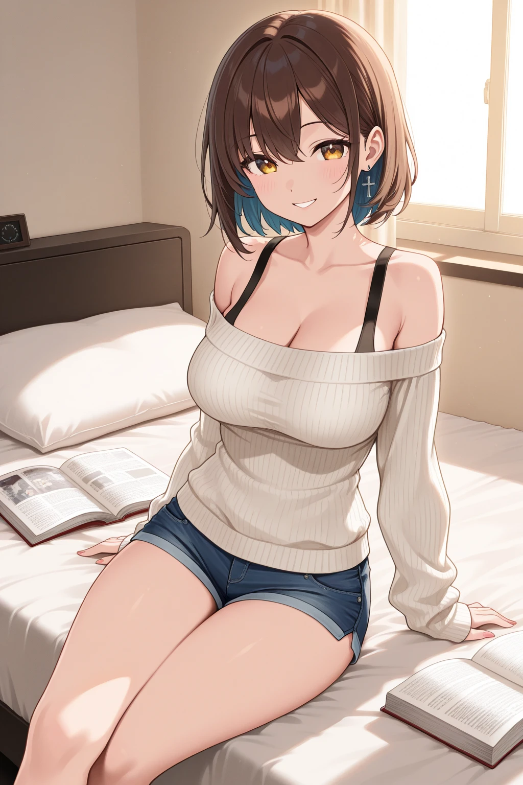 Anime illustration、highest quality、A short and plump high school girl、Sporty tube top、hot pants、Cat Cafe、Perfect proportions、overwhelmingly big breasts、Beautiful, shining eyes、Blushed、smile、Cowboy Shot、Dangerous Beast、Lying on your back、Obedience、Leg spread