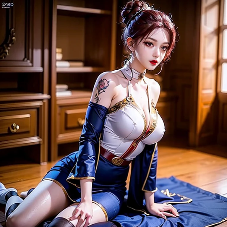 distinct image,high-detail, Looking at Viewer, Female knight in armor with exposed underwear, Long face, Low Ponytail Bright Copper Hair, Indigo eyes, Print Fit&Flare Dress Natural Volumetric Lighting, Artistic background, Pubic hair exposed from clothes、big areolae、Well-groomed pubic hair、with spreading legs