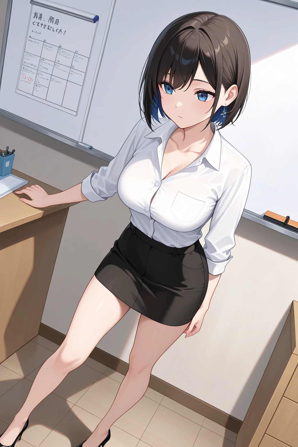 highest quality, Flying debris、Beautiful woman、officeレディー、Black Hair、(Brown eyes、Big Breasts、Blunt bangs)、short hair、チェック柄のダークブルーのofficeスーツ)、new employee,Full Body Shot、Female office lady、break(Dark blue checked vest、White dress shirt、Navy blue mini tight pencil skirt:1.2)、(Black Pantyhose、garter belt、High heels)、break(office:1.3)、Cleavage、Shirt buttons fly off、Absolute area、Blushing、Embarrassed、Standing posture、Open your mouth、Exposing the breasts、Bare your breasts、No panties、No bra、Nipples are visible、Expose the nipple