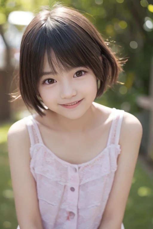 Neat and clean schoolgirl, petite person, (Mini dress, pantiy), shores, (slim, Small, Flat, Small), Short black hair, Photorealistic, detail, Skin Texture, Ultra Detail, Wear sandals, delicate sexy collarbone, Smile, Super Detailed Face, Detailed lips, Detailed eyes, 10years old girl、Delicate eyebrows、Ball bokeh background、Looking at the photographer、colourfull