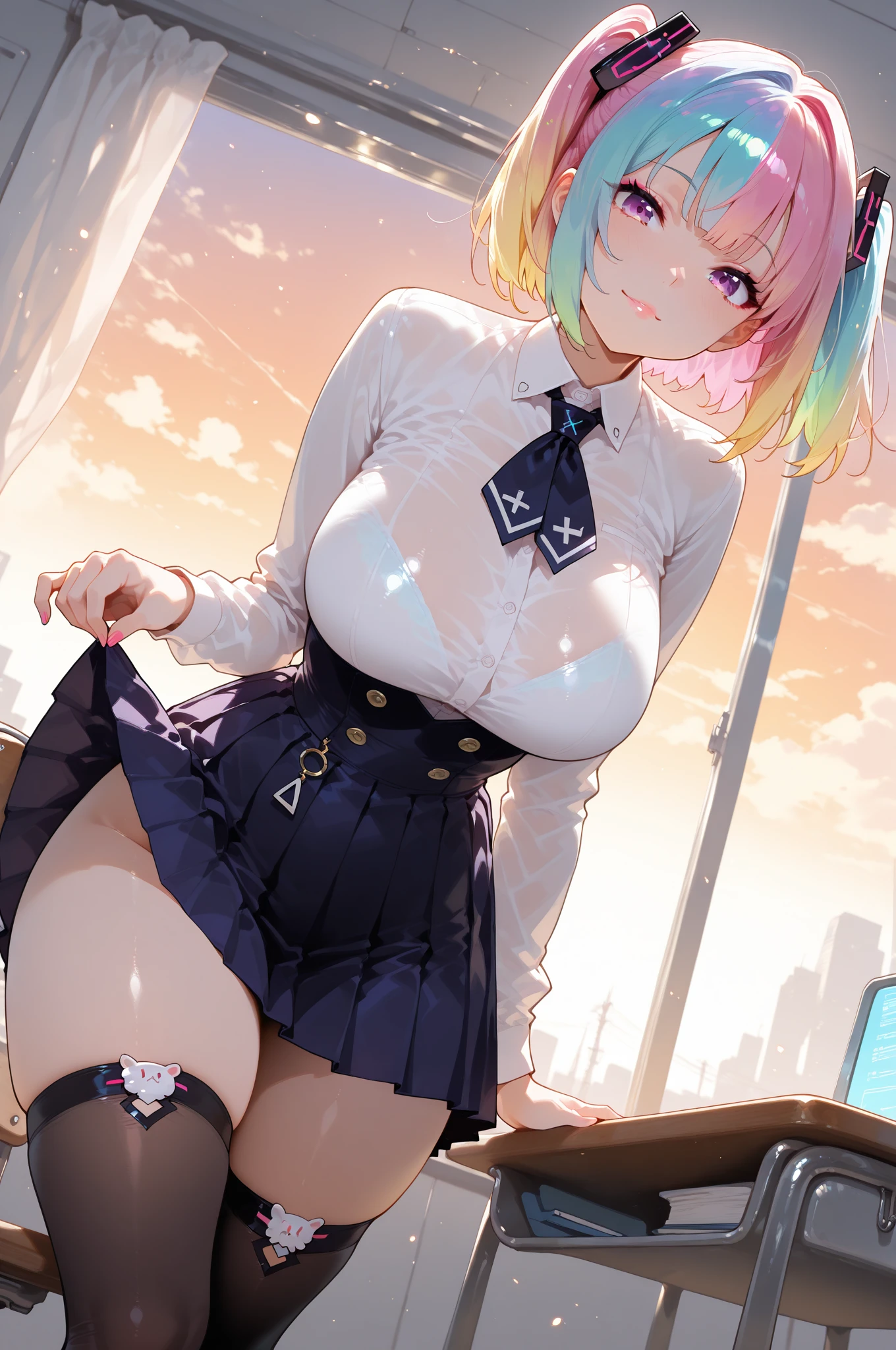 ((school uniform)), ((4 defined fingers)), ((1 defined thumb)), (looking at viewer), break, sexy, ((solo)), (1 woman), ((25 years old)), ((highest quality)), ((masterpiece)), (familiar), skindentation, perfect face, 8k , (cowboy shot), break, short hair, (((pink hair1.5))), bob cut, black eye, beautiful princess, smile, thin thighs, medium breasts, perfect limbs, ((metallic costume)), (visible nipples:0.9), (camel toe:0.4), sexy, (((sit))),