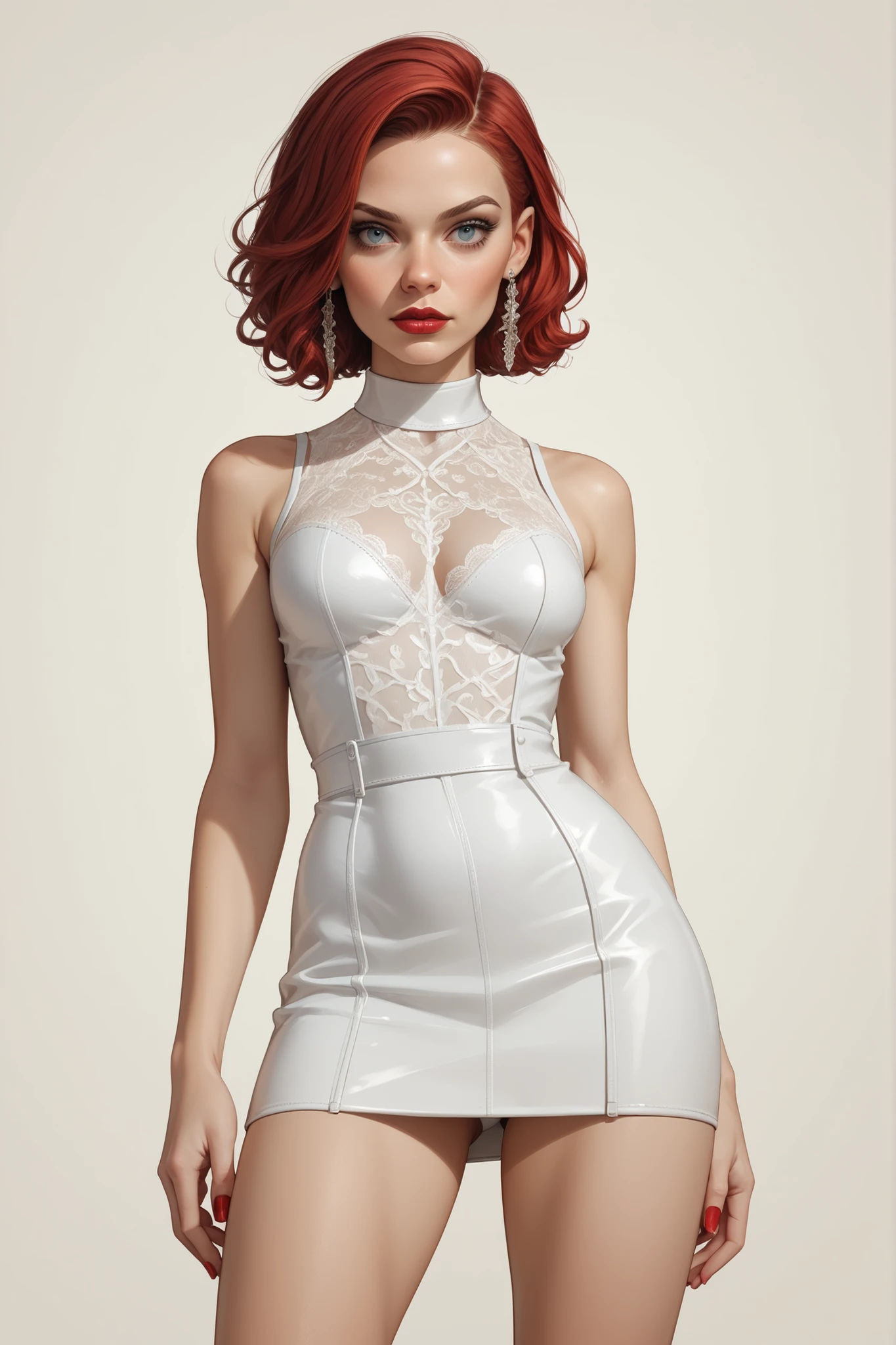 a sexy and fatal woman, Woman wearing a black and white dotted dress., from above, wearing a black and white dotted dress, Dress 80s fashion, 80s style clothing, 80s fabric style, Retro dystopian 80s vibe, straight black hair, green eyes, black eyeliner, Red lips, medium breasts, small covered nipple, lustful look, black and white latex, White Latex Leg Harness, white choker, dramatic light, 80's cinema lighting.._Science fiction, poor, realistic hands, upskirt, sexy,