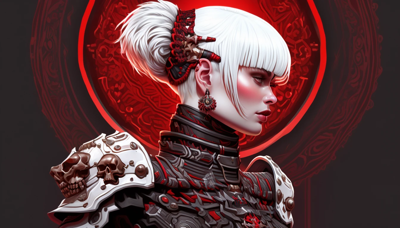 Highly detailed, stylized digital artwork featuring a woman in a side profile. She has pale skin and short, white hair with blunt bangs. Her attire is a striking combination of red and black, adorned with intricate metallic details, including skull motifs on her shoulder armor and chest. She wears a high-collared black garment underneath the armor, and her earrings are long and ornate. The background is a gradient of red hues with a glowing circular design behind her head, adding a halo-like effect. The overall composition is dramatic and gothic, with a strong emphasis on the contrast between the red and black elements and the pale complexion of the subject.