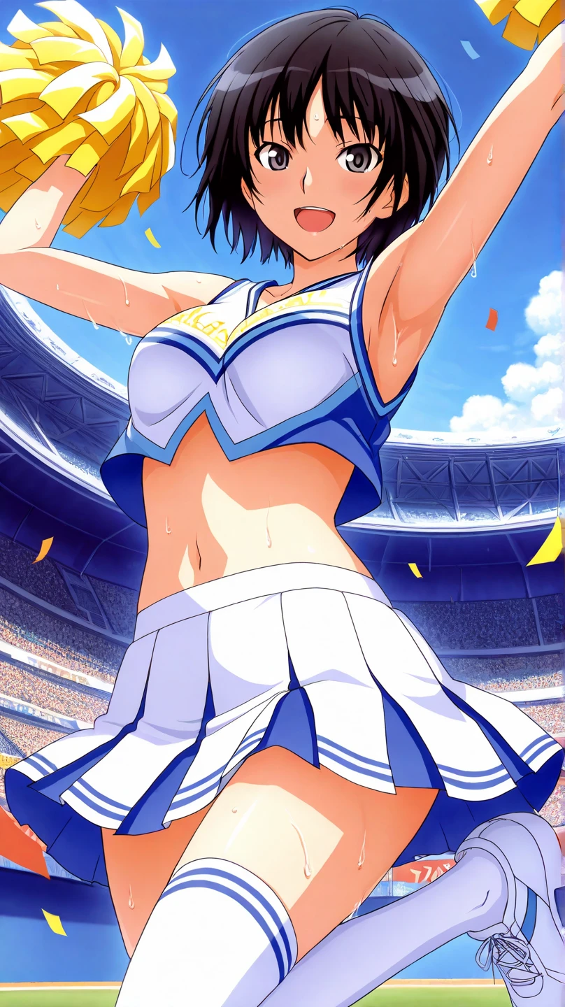 DQ10 seraphi, short hair, bob cut, blue hair, blue eyes, goggles, goggles on head, <lora:DQ10_seraphi_ep20_v5:0.6>, black bike shorts, BREAK medium breasts, anmnr, <lora:anmnr01:0.17>, (wearing cheerleader:1.2), beautiful, masterpiece, 8K resolution, extremely detailed face, 1girl, Beautiful girl, adult girl, 20 years old, eye highlights, (from below), smile, open mouth, (sweaty:1.1), blush, nose blush, BREAK cheerleading, jumping, jumping, aerial, leaning back, arms up, dynamic, vigorous movement, windy, wind lift, show panties, confetti, BREAK anime background, outdoors, colosseum, crowd, stone pillars, stage, <lora:flat2-dim1:-0.5>