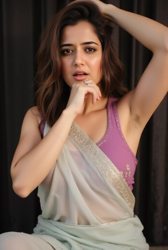 Looks like Nupur Sanon,side view,side profile,viewed from side,hugging,holding tightly,warm embrace,arms wrapped around,smiling,sensual expression,side profile view,31 year old woman,not too skinny,slightly chubby ,studio quality,sweat,sweating ,sleeveless,exhausted,tired,boxing gloves,pink blouse,