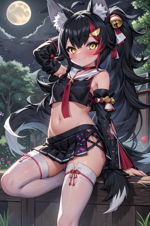 (masterpiece、top-quality)、独奏、1womanl、、Blue hair、Yellow eyes、A smile、Navel dashi、T-shirt with navel、White skin as clear as snow、Fantastical、夏天、the woods、