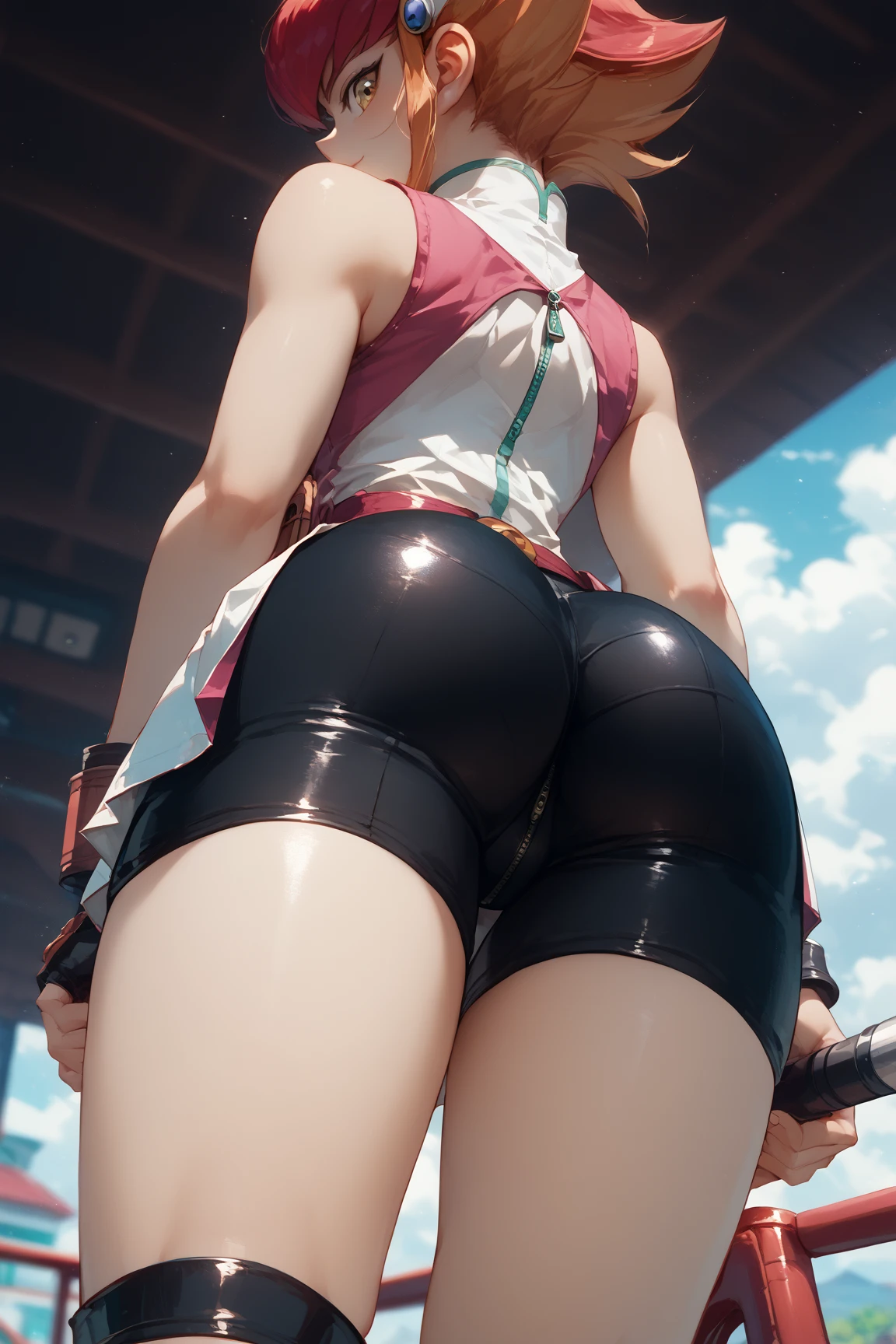 highest quality、one girl、15 years old、whole body図，big 、city、city、Rear view、look back、turn around、Pose that emphasizes the buttocks、nino nakano, short hair, bangs, blue eyes, hair ornaments, hair ribbon, pink hair, blunt bangs, two side up, butterfly,White thigh socks、whole body、Push the red vibrator into your vagina as hard as possible　Mekosuji、shaved pussy、spread one leg wide, Spreading genitals wide and dripping pussy juice.Get down on all fours and drool