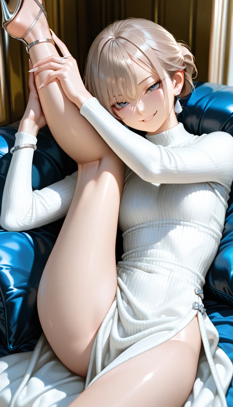 blonde, short hair, girl１, in the Living room, sofa, from side, upper body, completely nude, (small nipples:1.2), (small areolas:1.2), bare Butt, kawaii, cute, pale purple eyes,(shy), (blush),light smile, (White nude apron:1.2),