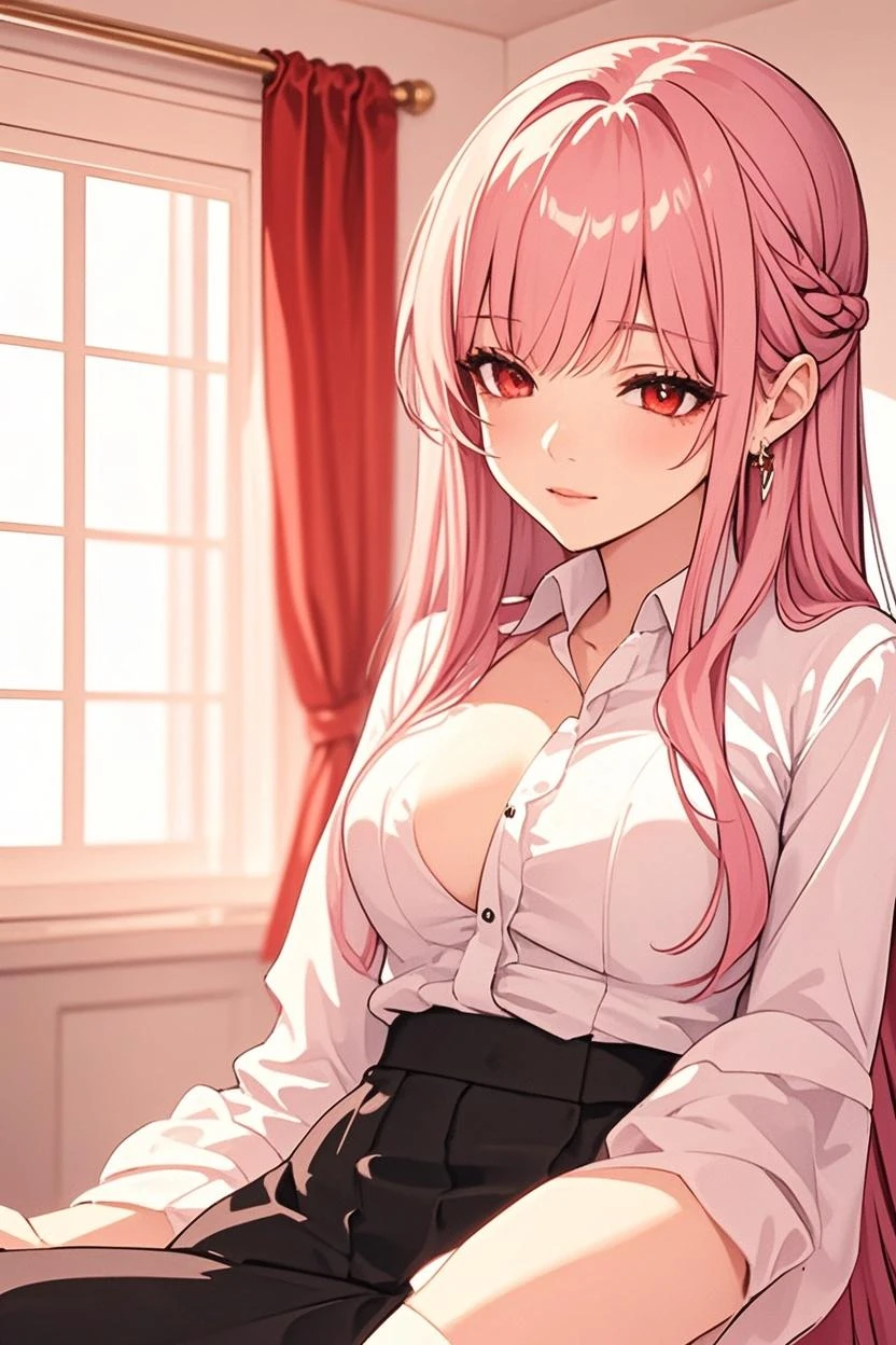 ultra high res,masterpiece,best quality,
1girl,pink hair,long hair,earrings,white shirt,long sleeves,deep cleavage,red skirt,bangs,dramatic shadow,
