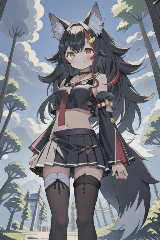 Young girl with black hair, long twintail, twintail hairstyle, (blue eyes), ((small bushy eyebrows)), (wolf ears up), wearing gothic lolita, lolicon clothes, going to school, dull eyes, dull face, going to school, flirtatious smile, small and perky , in a park, wide , showing panties