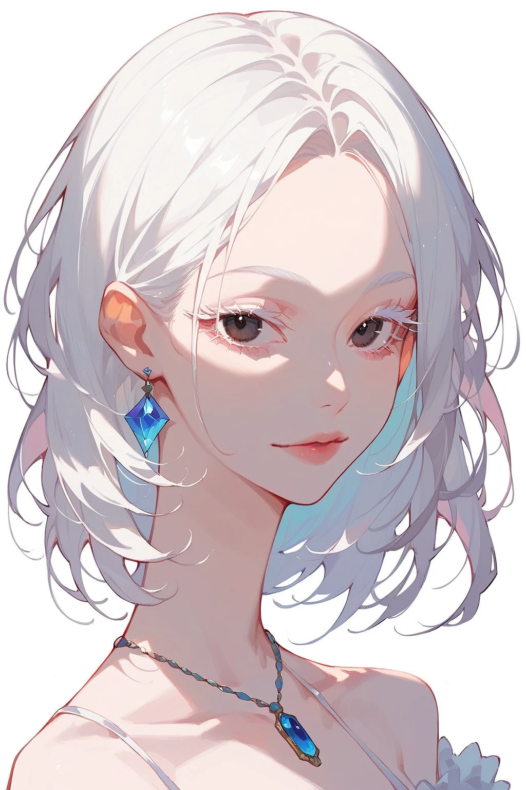 adult woman, short white hair, striking soft red eyes, beautiful detailed eyes, beauty marks, soft smile, inspired by honkai star rail