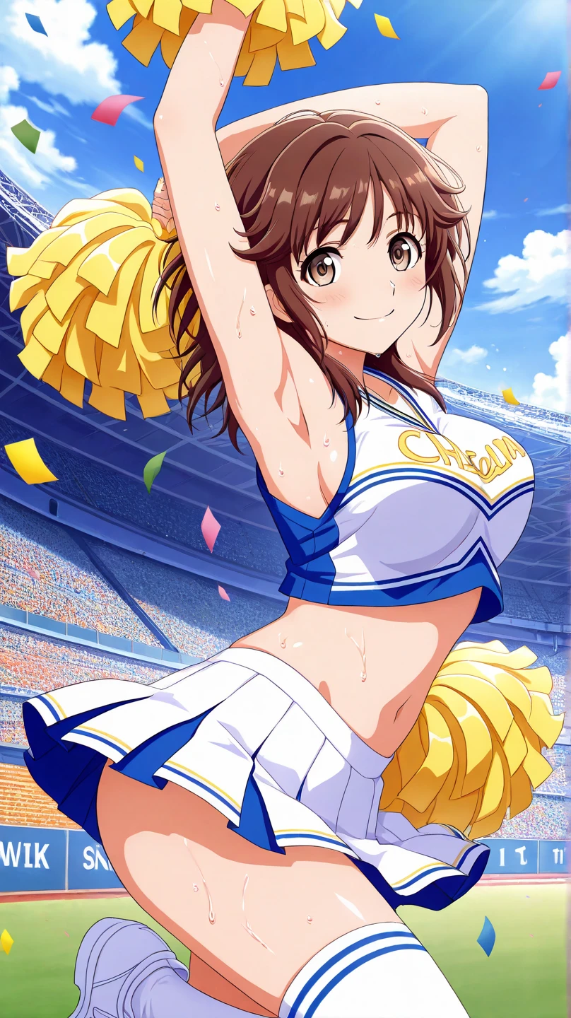 1girl, vodka \(umamusume\), umamusume, bosshi, cheerleader, clothes writing, pleated skirt, pom pom \(cheerleading\), collarbone, blue sky, white cloud, (confetti), yellow and white clothing, yellow skirt, brown eyes, horse tail, long hair, ears, sleeveless, arm up, armpits, stadium, grin, navel, studio lighting, (masterpiece, best quality), detailed scenery, hdr<lora:akogare_cheer_girl_animaginexl_1-05:0.8>