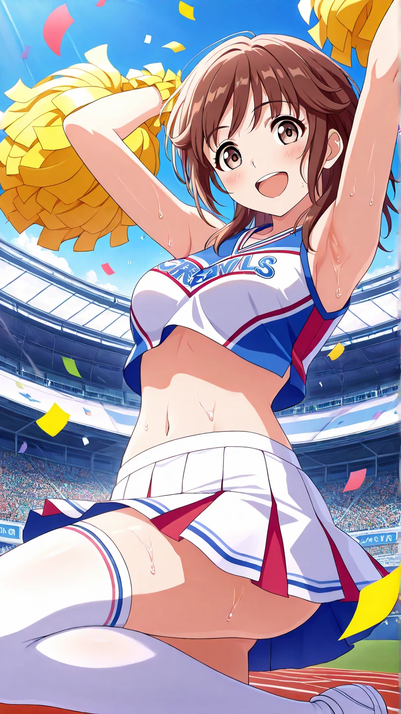 ((masterpiece, best quality, extremely detailed), volumetric lighting, ambient occlusion, colorful, glowing),
1girl, brown hair, bob haircut, blush, smiling, large breasts, (cheerleader outfit), pom pom, short skirt, exposed navel,
sports gym, sports field, confetti falling,
<lora:Add Detail:0.6>, <lora:Beautiful Detailed Eyes:0.6>,