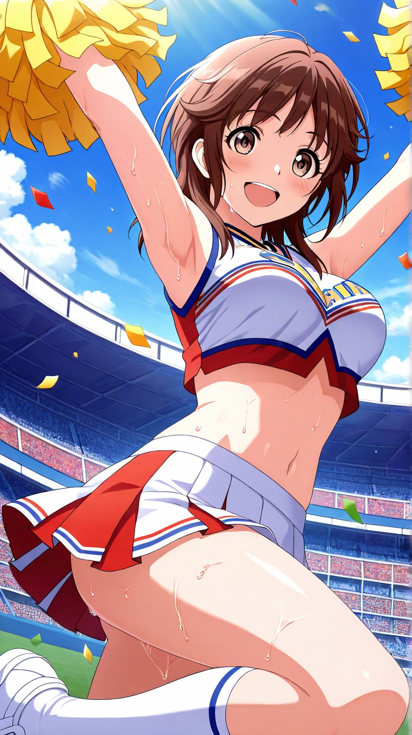 (1 person),(Best image quality, 8k, masterpiece:1.3), Anatomically correct, ((Brown hair bob cut:1.1)),(Swept-apart bangs,), (Cute eyes, Dark Eyes), (Mole under right eye), (thin), (Large Breasts),(Glowing Skin:1.1),(Pale skin:1.2),(Fantasyな雰囲気),(look up),Ultra-high resolution, Textured skin, Sparkle Effect, audienceを見つめる,Fantasy,Bright Eyes,
Black lace panties,Cheerleader,Braid, Ribbon on head, Wet body,Sweat,
Blue and red cheer uniform,mini skirt,pom-pom,Confetti,Outdoor,Stadium,audience,Underarm、Raise your hand,belly button,Cleavage,
Accentuate your butt,Panty shot,Dancing,Jumping,Show your back,Stick your butt out,Show your ass,
smile,