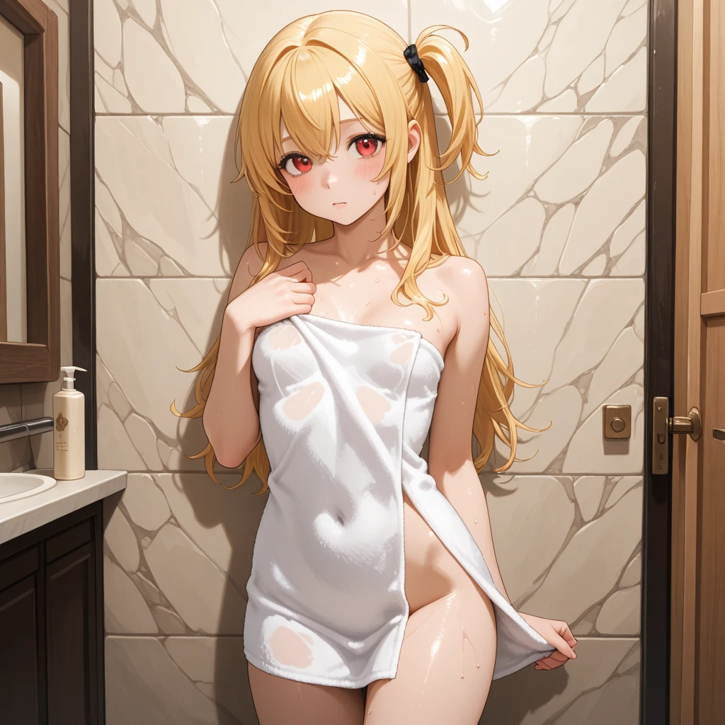 absurdres, (masterpiece, best quality), (ultra-detailed), extremely detailed,super high resolution, (Top Quality photorealistic Illustration), (Super Definition), (best quality,masterpiece:1.0),(cute illustration:1.3), (high Saturation:1.2), highres, ultra-detailed, 32k,8k resolution, intricate details, cinematic scene, detailed background, detailed background, super high precision, hiquality, top-quality, dynamic angle, close to viewer,breast focus,looking at viewer,bathroom, upper body BREAK the beauty of one beautiful girl, shiina mahir, aamahiru, (round face:1.6), (baby face:1.6), (kawaii:1.6), (cute:1.6), (loli:1.6), (slim body:1.6), (narrow waist, narrow thighs:1.6), (narrow stomach:1.6),Brown-eyed, high resolution eyes, beautiful eyes, light in the eyes, blonde long hair, fine-grained skin, red cheeks, BREAK (show off nipples:1.8), (completely nude:1.8),beautiful small breasts, (small nipples:1.6), (small areolas:1.6), ((sweaty)), ((dewy)),(Reaching Out:1.4),(smile:1.6),fingering, schlick, masturbation
